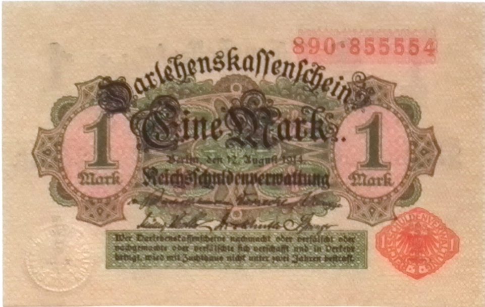 1914 German Empire Ww1  1 Mark  Banknote Uncirculated