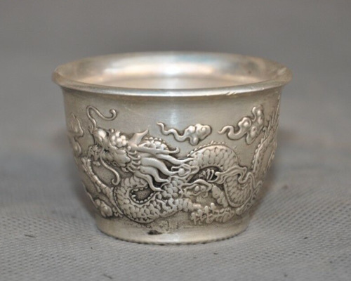 Collect China Tibetan Silver Dragons Dragonloong Statue Tea Bowl Wineglass Cup