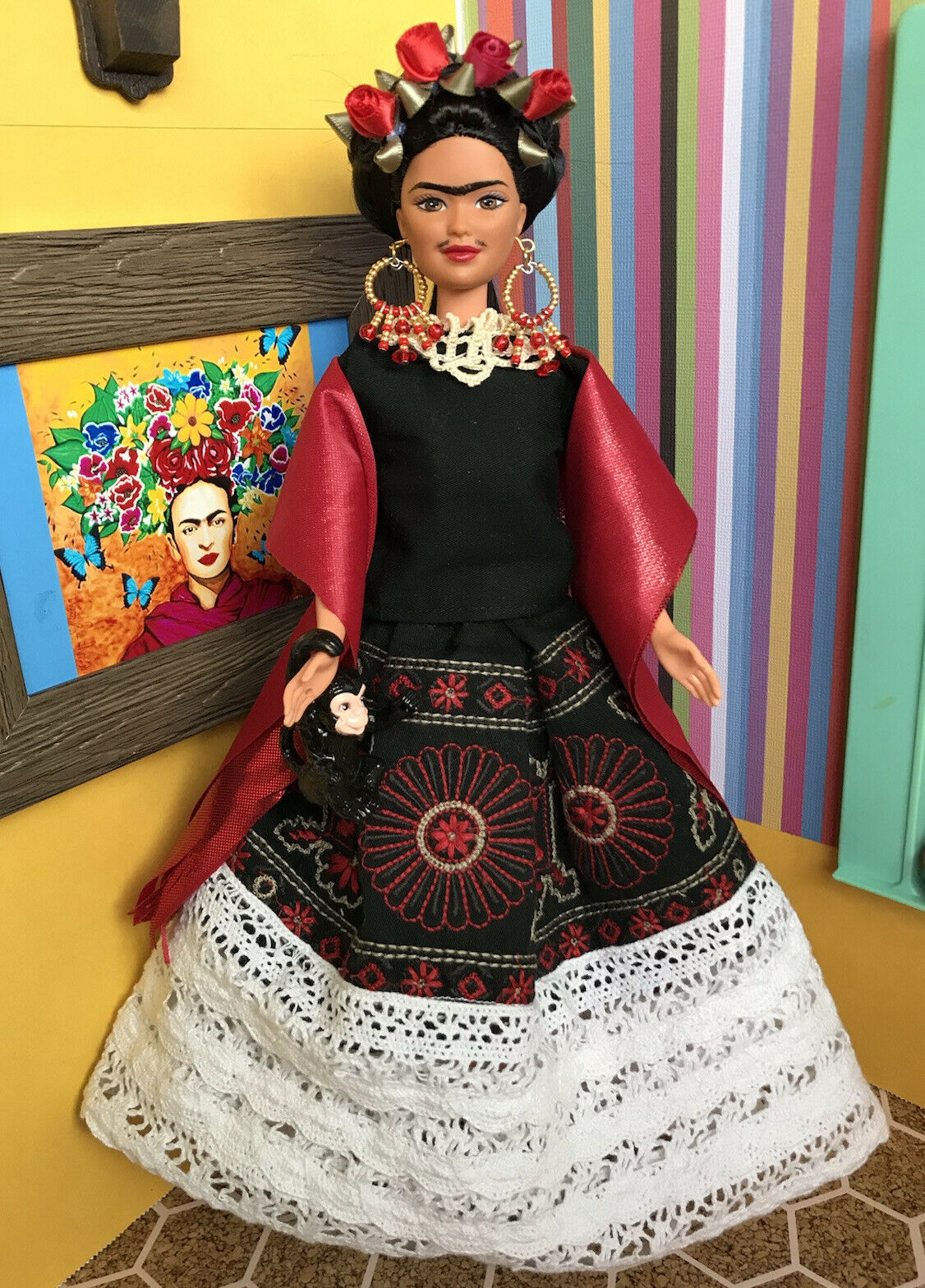 Ooak Frida Kahlo & Monkey Repainted Barbie Doll Handmade Clothes & Jewelry