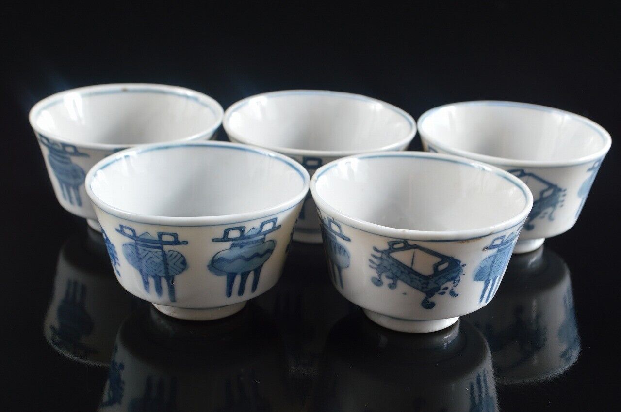 #403: Xf Chinese Blue&white Treasure Muffle Painting Tea Cup Senchawan 5pcs