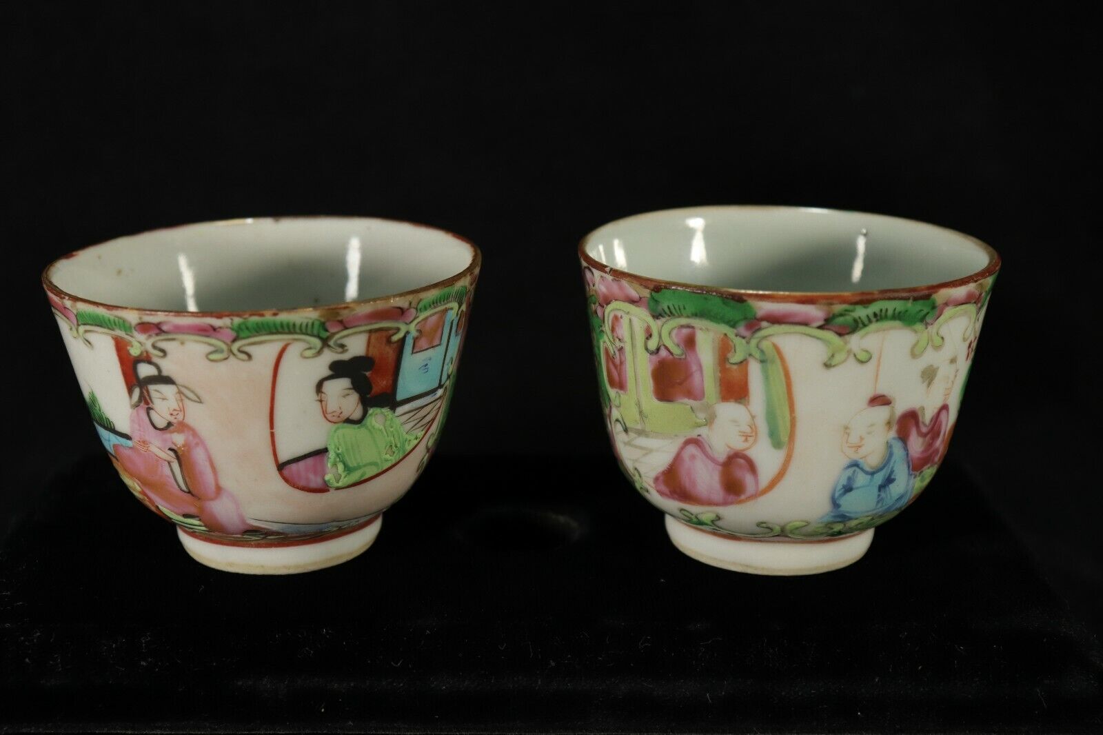 Pair Of 19th C Qing Chinese Canton Famille Rose Porcelain Wine Cups