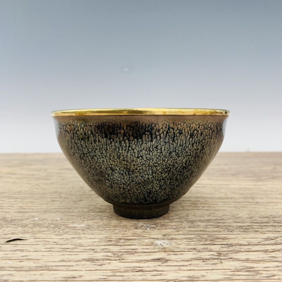 4.9" Antique Porcelain Song Dynasty Jian Kiln Black Glaze Gilt Jianzhan Teacup