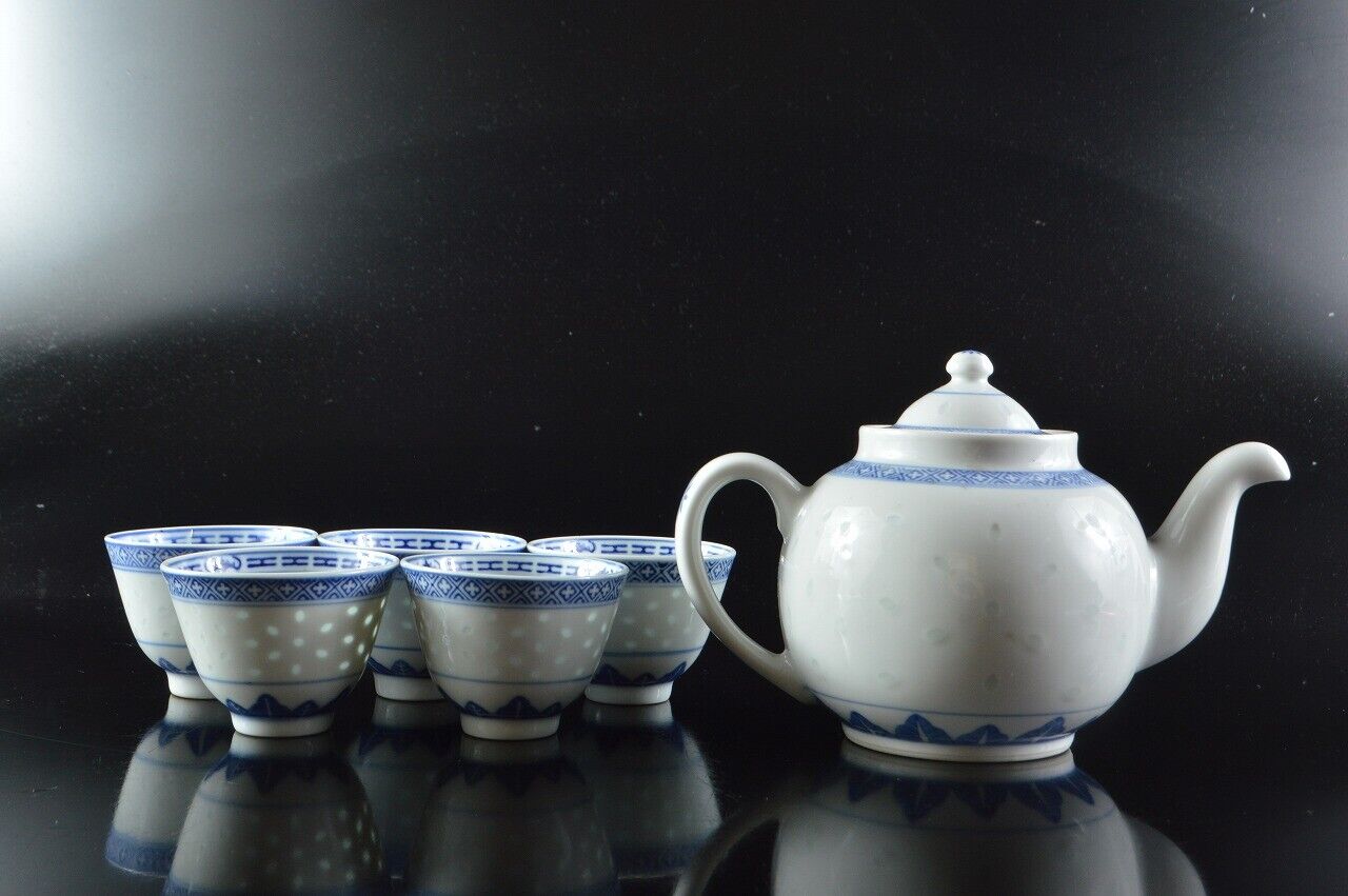N289: Chinese Blue&white Firefly Sculpture Sencha Teapot & Cups, Auto