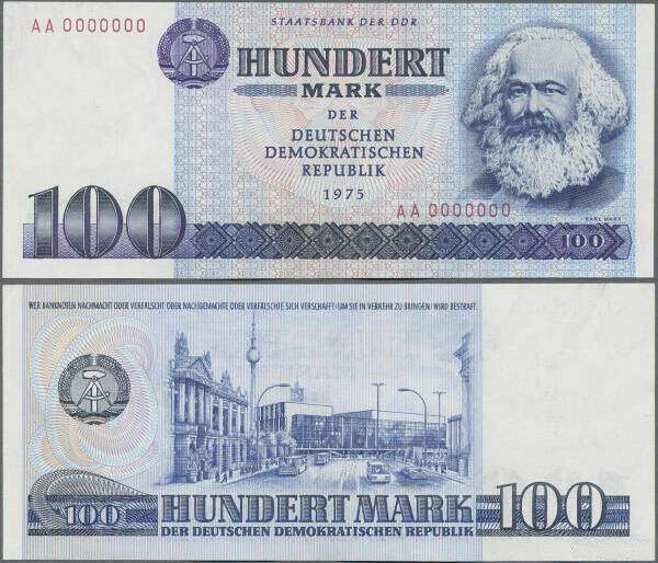 1975 East German Ddr 100 Mark Banknote Featuring Karl Marx & East Berlin Scene
