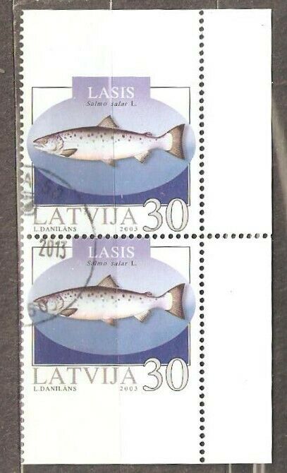 Latvia: 1 Used Stamp In Pair, Fish - Salmon, 2003, Mi#595d