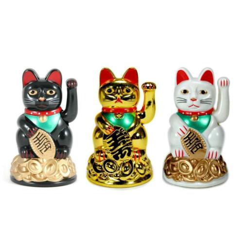 Lucky Beckoning Fortune Cat 4" Gold White Black Maneki Neko Waving Wealth Kitty