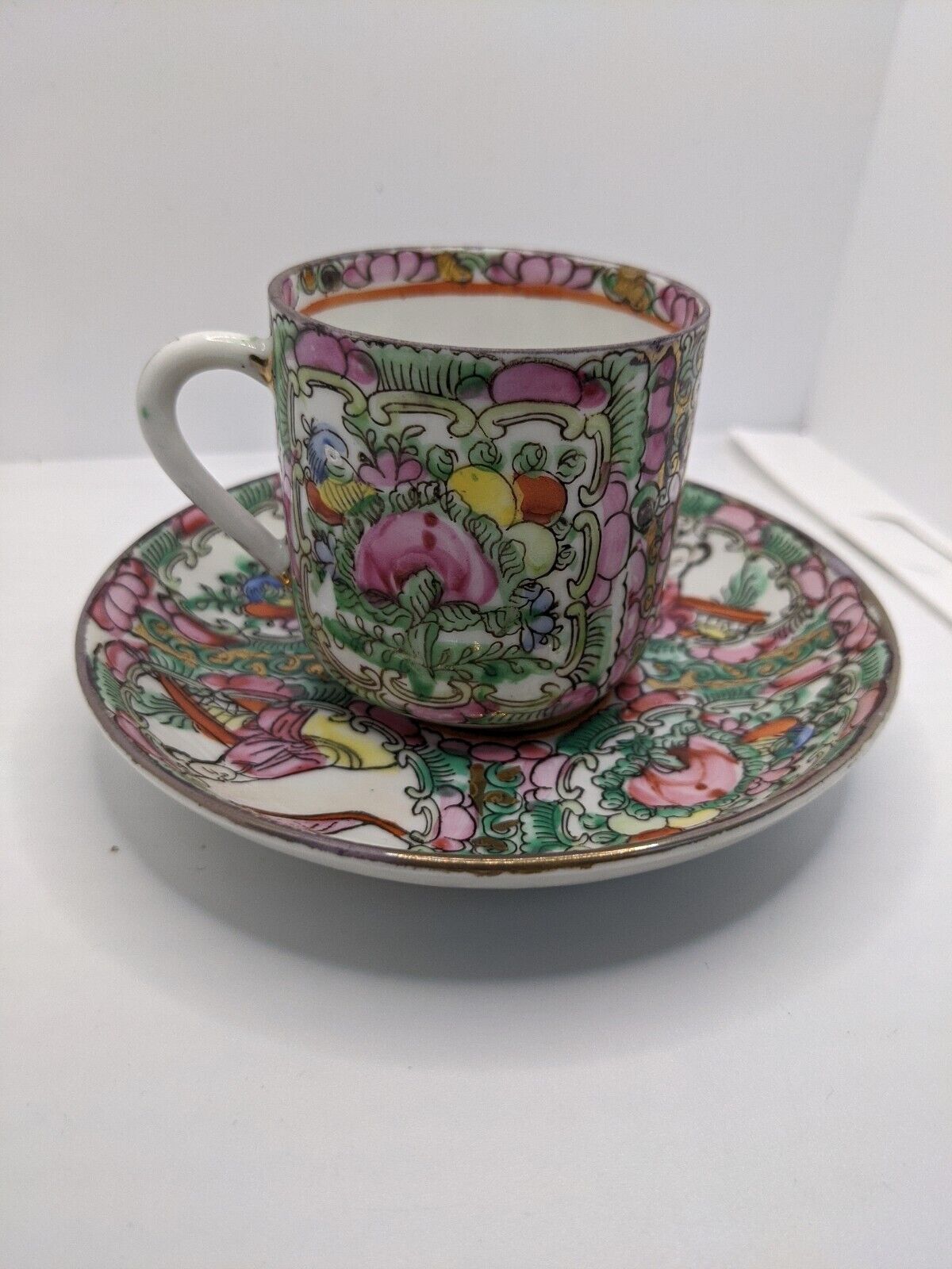 Antique Chinese Porcelain Tea Cup And Saucer Set, Multicolor Scene